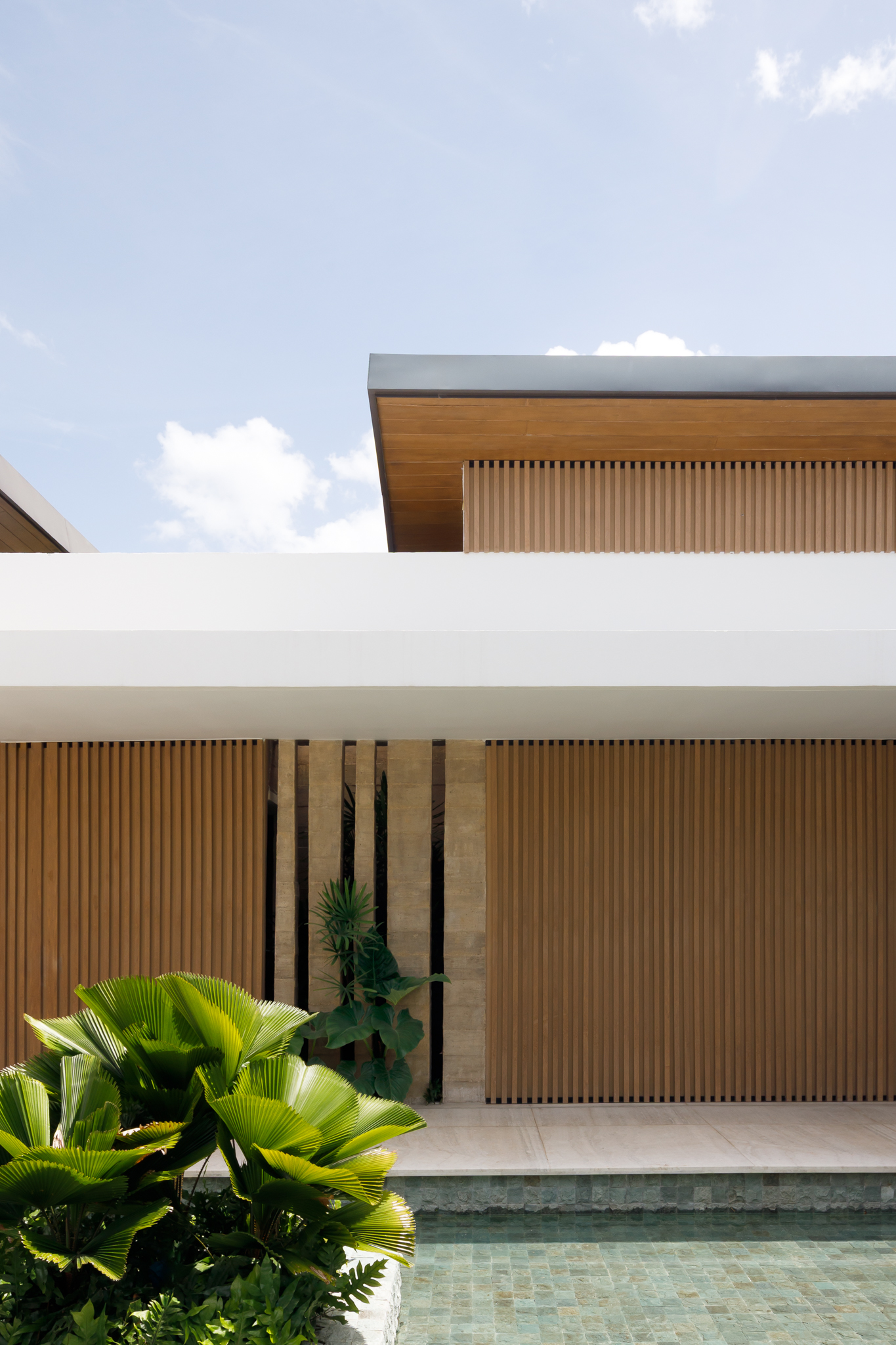 Fachada de madera con piscina